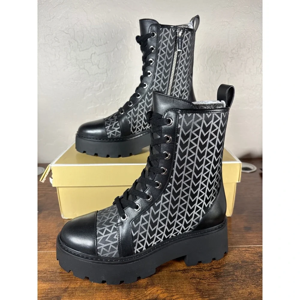 Michael Kors Blake Bootie Black Nylon JQD Logo Combat Boots 40T5BKFE5Y Womens 6M